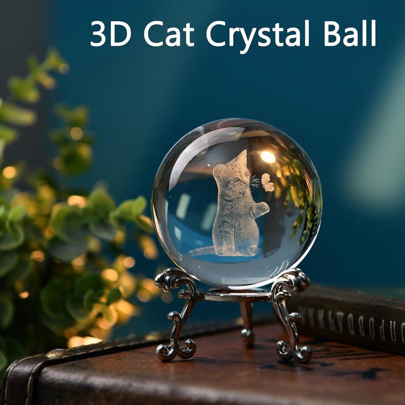 IFOLAINA 3D Cat Themed Gifts for Women 3D Crystal Ball Cat Related Sympathy Figurines Presents Kitty Decorative Globe Decor with Stand - Image 5